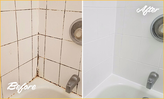 Before and After Picture of a Summit Station Shower Tile and Grout Cleaned to Eliminate Mold