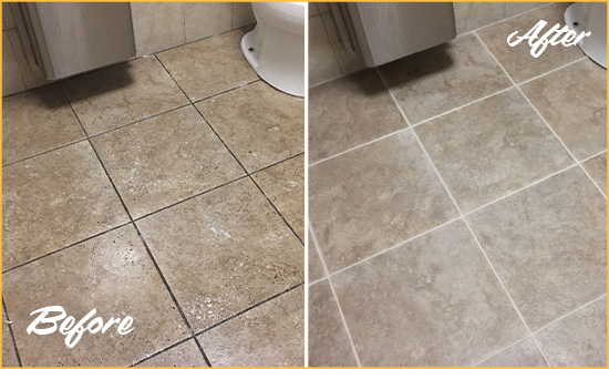 Before and After Picture of a Summit Station Restroom Tile and Grout Cleaned to Remove Soil