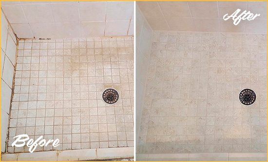 Before and After Picture of a Lithopolis Shower Caulked to Fix Cracks