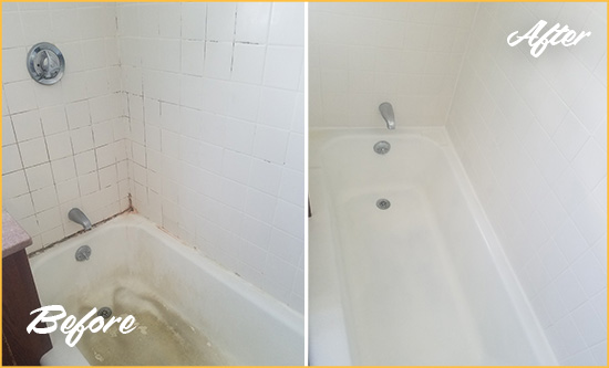 Before and After Picture of a Lithopolis Bathtub Caulked to Repair Cracks