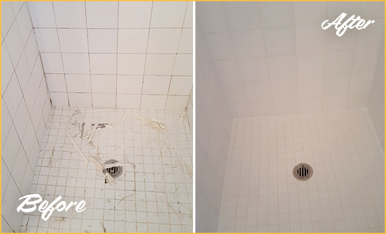Before and After Picture of a Lithopolis Bathroom Re-Caulked To Repair Damaged Caulking