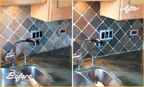 Before and After Picture of a Lithopolis Backsplash Caulked to Fix and Prevent Water Leaks