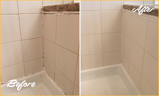 Before and After Picture of a Lithopolis Shower Caulked to Repair Damaged Caulking