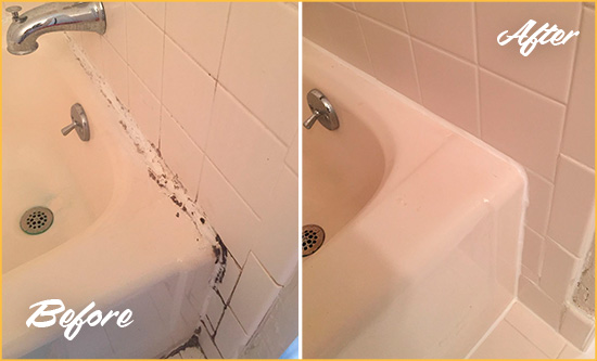 Before and After Picture of a Lithopolis Bathroom Sink Caulked to Fix a DIY Proyect Gone Wrong