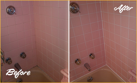 Before and After Picture of a Lithopolis Bathtub Caulked to Eliminate Mold