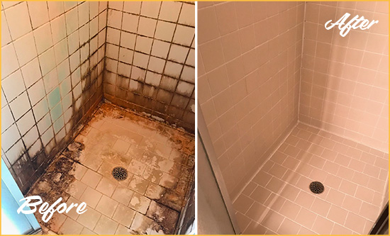 Before and After Picture of a Lithopolis Shower Caulked to Fix and Prevent Water Damage