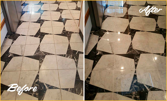 Before and After Picture of a Dull Columbus Marble Stone Floor Polished To Recover Its Luster