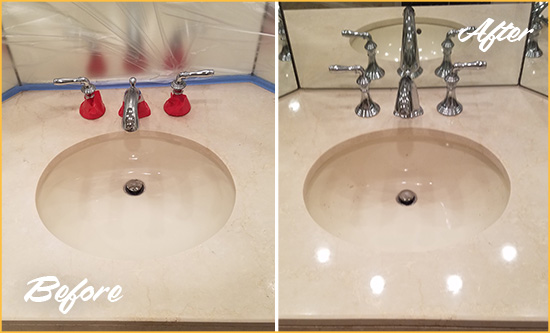 Before and After Picture of a Dull Columbus Marble Stone Vanity Top Polished to Bring-Back Its Sheen
