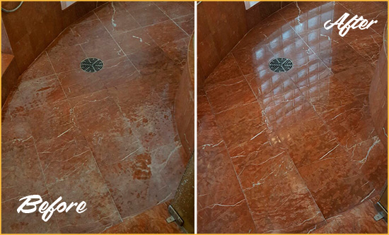 Before and After Picture of a Columbus Marble Stone Shower Polished to Eliminate Mineral Deposits