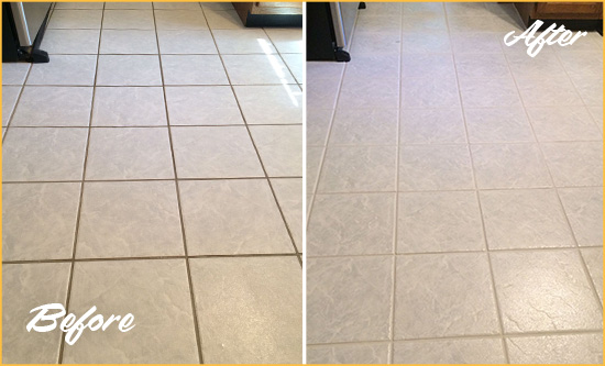 Before and After Picture of a Powell Kitchen Ceramic Floor Sealed to Protect From Dirt and Spills
