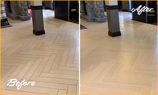 Before and After Picture of a Dirty Powell Ceramic Office Lobby Sealed For Extra Protection Against Heavy Foot Traffic