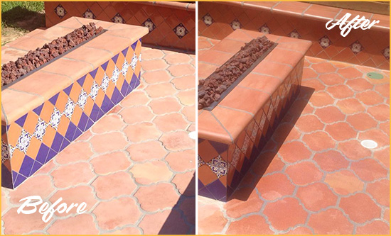 Before and After Picture of a Dull Powell Terracotta Patio Floor Sealed For UV Protection
