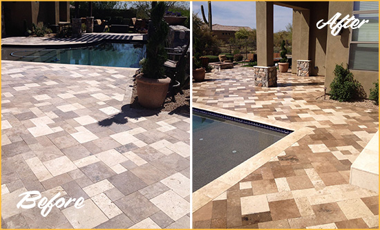 Before and After Picture of a Faded Powell Travertine Pool Deck Sealed For Extra Protection