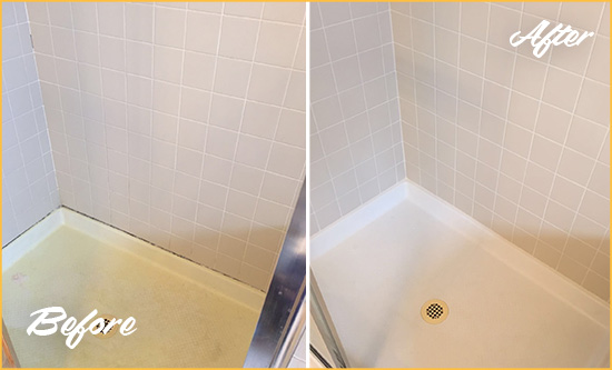 Before and After Picture of a Powell Shower Sealed to Remove and Protect Against Mold