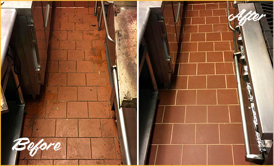 Before and After Picture of a Powell Restaurant Kitchen Floor Sealed to Remove Soil