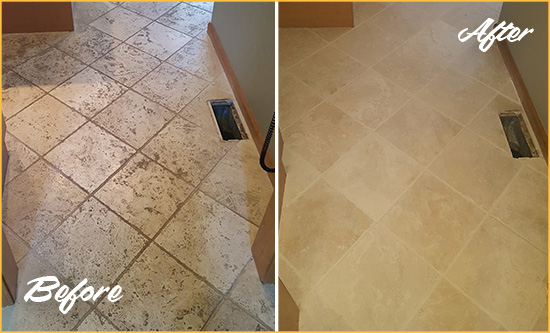 Before and After Picture of a Lithopolis Kitchen Marble Floor Cleaned to Remove Embedded Dirt