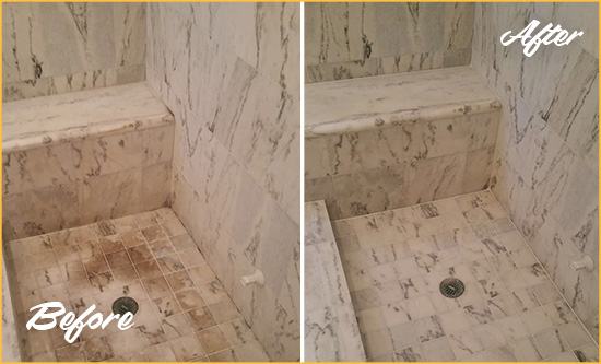 Before and After Picture of a Dirty Lithopolis Marble Shower Cleaned to Eliminate Dark Stains