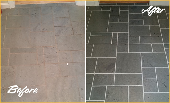 Before and After Picture of a Lithopolis Slate Floor Cleaned to Remove Deep-Seated Dirt