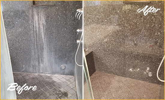 Before and After Picture of a Lithopolis Granite Shower Cleaned to Remove Mineral Deposits