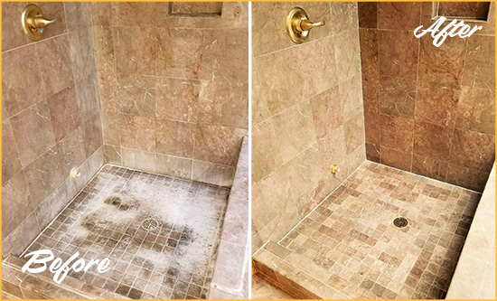 Before and After Picture of a Lithopolis Travertine Shower Cleaned to Eliminate Water Spots