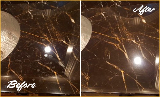 Before and After Picture of a Lithopolis Marble Countertop Cleaned to Remove Water Spots