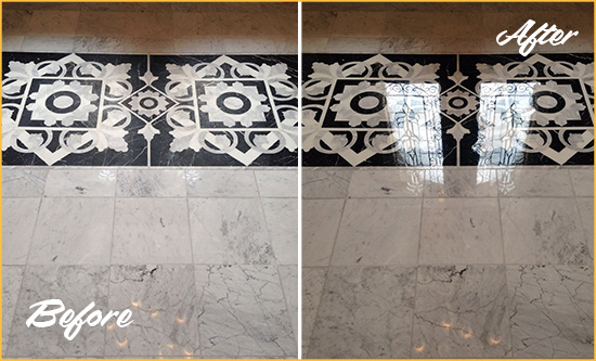 Before and After Picture of a Lithopolis Marble Stone Sealed to Recover Its Sheen