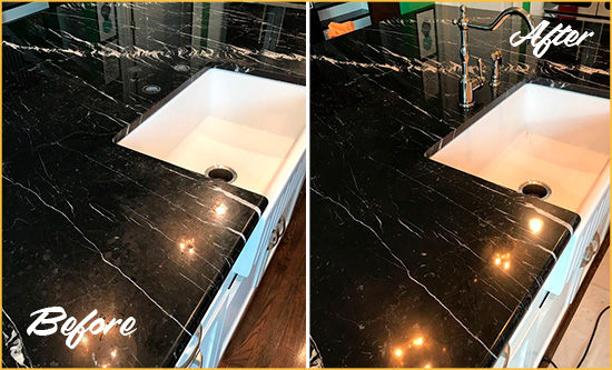 Before and After Picture of a Lithopolis Marble Kitchen Countertop Stone Sealed to Avoid Water Damage