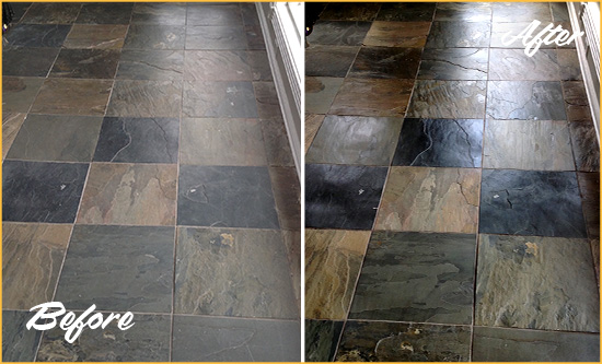 Before and After Picture of a Lithopolis Slate Stone Floor Sealed to Eliminate Dullness