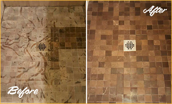 Sir Grout Hones this Sunbury Marble Shower to Remove Etching Before and After Picture of a Sunbury Marble Shower Honed to Remove Etching