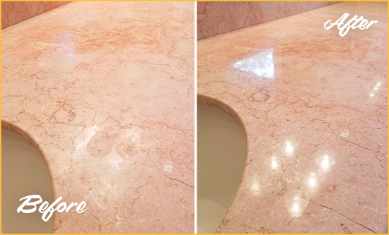 Sir Grout Hones this Sunbury Marble Vanity Top to Eliminate Water Spots Before and After Picture of a Sunbury Marble Vanity Top Honed to Eliminate Water Spots