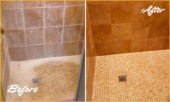 Before and After Picture of a Westerville Travertine Shower Honed to Remove Mineral Deposits