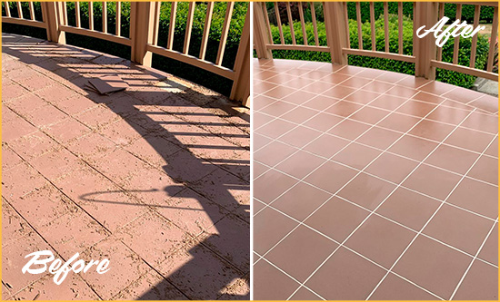 Before and After Picture of a Pickerington Hard Surface Restoration Service on a Tiled Deck