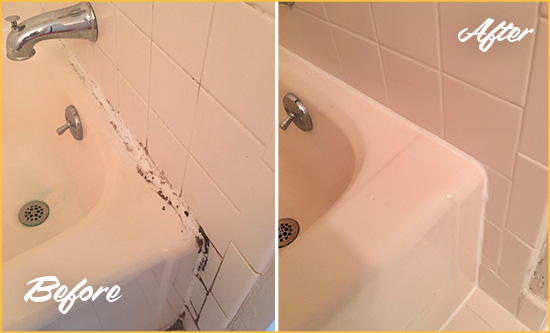 Before and After Picture of a Pickerington Hard Surface Restoration Service on a Tile Shower to Repair Damaged Caulking