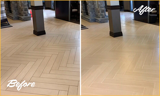 Before and After Picture of a Pickerington Hard Surface Restoration Service on an Office Lobby Tile Floor to Remove Embedded Dirt
