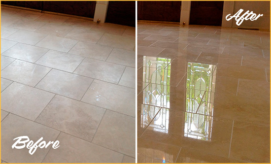 Before and After Picture of a Pickerington Hard Surface Restoration Service on a Dull Travertine Floor Polished to Recover Its Splendor