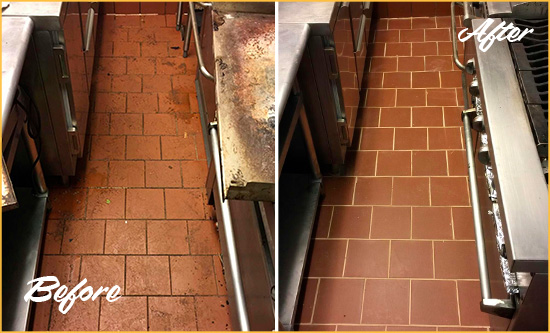 Before and After Picture of a Pickerington Hard Surface Restoration Service on a Restaurant Kitchen Floor to Eliminate Soil and Grease Build-Up