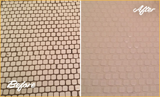 Before and After Picture of a Pickerington Hard Surface Restoration Service on a Bathroom Tile Floor Recolored to Fix Grout Color