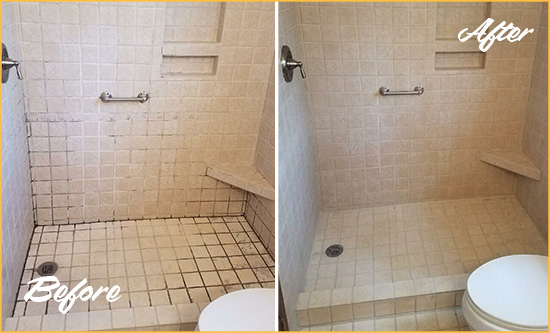 Sir Grout Cleans the Grout on this Powell Moldy Shower Before and After Picture of a Powell Shower Grout Cleaned to Remove Mold