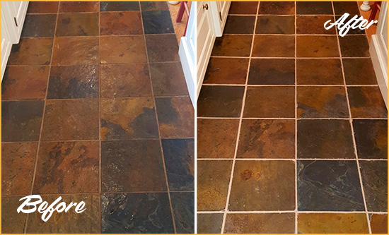 Sir Grout Cleans the Grout on this Powell Slate Floor Before and After Picture of Powell Slate Floor Grout Cleaned to Remove Dirt