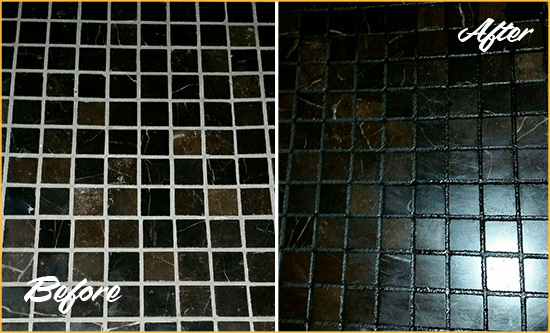 Before and After Picture of a Lithopolis Black Floor with Recolored Grout