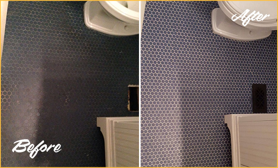 Before and After Picture of a Lithopolis Blue Tile Floor Recolored Grout