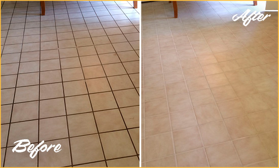 Before and After Picture of a Lithopolis Kitchen Tile Floor with Recolored Grout
