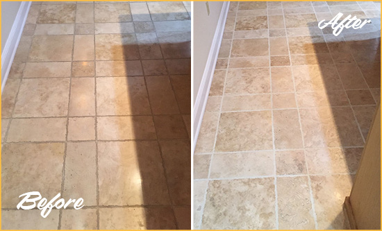 Before and After Picture of a Lithopolis Travertine Kitchen Floor Recolored Grout