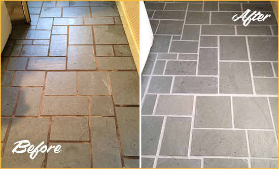 Before and After Picture of Damaged Westerville Slate Floor with Sealed Grout