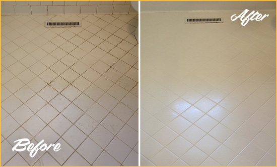 Sir Grout Seals the Grout of this Westerville White Bathroom Floor for Extra Protection Before and After Picture of a Westerville White Bathroom Floor Grout Sealed for Extra Protection