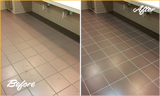 Sir Grout Seals the Grout on this Westerville Office Restroom to Refresh Its Look Before and After Picture of Dirty Westerville Office Restroom with Sealed Grout