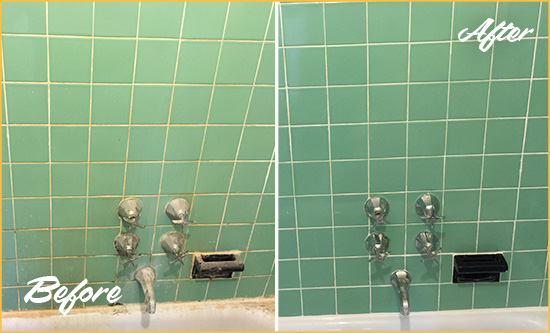 Before and After Picture of a Westerville Bath Tub Grout Sealed to Avoid Water Damage