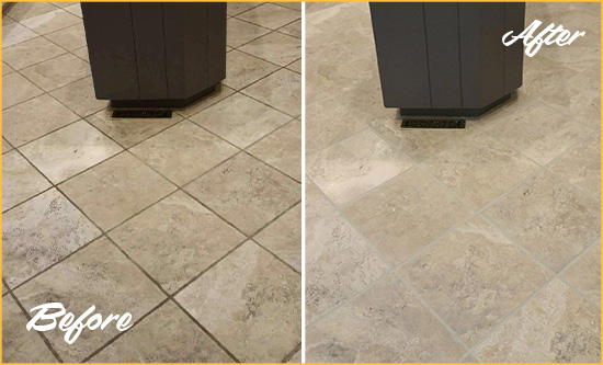 Sir Grout Seals this Stained Westerville Kitchen Floor Grout to Remove Stains Before and After Picture of a Westerville Kitchen Floor Grout Sealed to Remove Stains