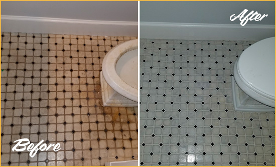 Before and After Picture of a Pataskala Bathroom Floor Cleaned to Remove Embedded Dirt