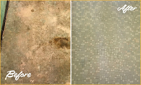 Before and After Picture of a Pataskala Mosaic Shower Cleaned to Eliminate Embedded Dirt